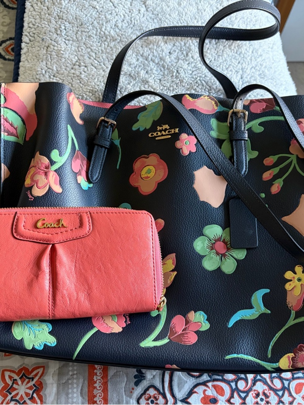 COACH Floral Print Midnight Tote Bag and Coordinating Wallet